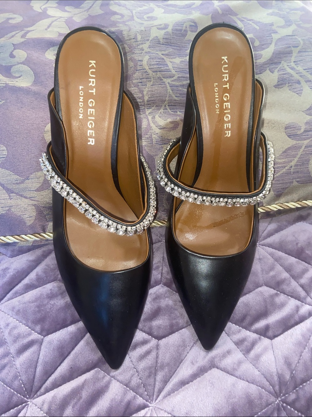 Kurt Geiger Black Pointed-Toe Mules with Crystal Strap - Picture 2 of 7